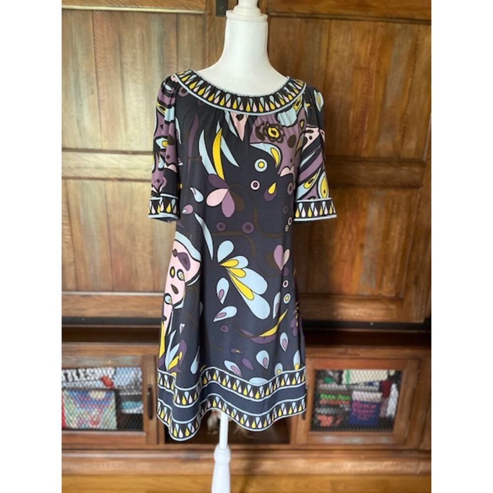 BCBGMaxazria Size‎ Small Dress 1970's Retro Style Black with Multi Colors